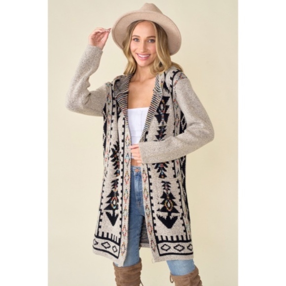 Oatmeal Aztec Rainbow Western Hooded Knit Cardigan Long Sleeve Open Sweater - Picture 4 of 14